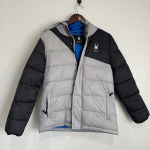 SPYDER Boys Large 14/16 Black Gray Color Block Full Zip Hooded Puffer Jacket